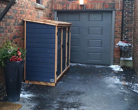 Shed for garbage bins, recycling bins and green bins